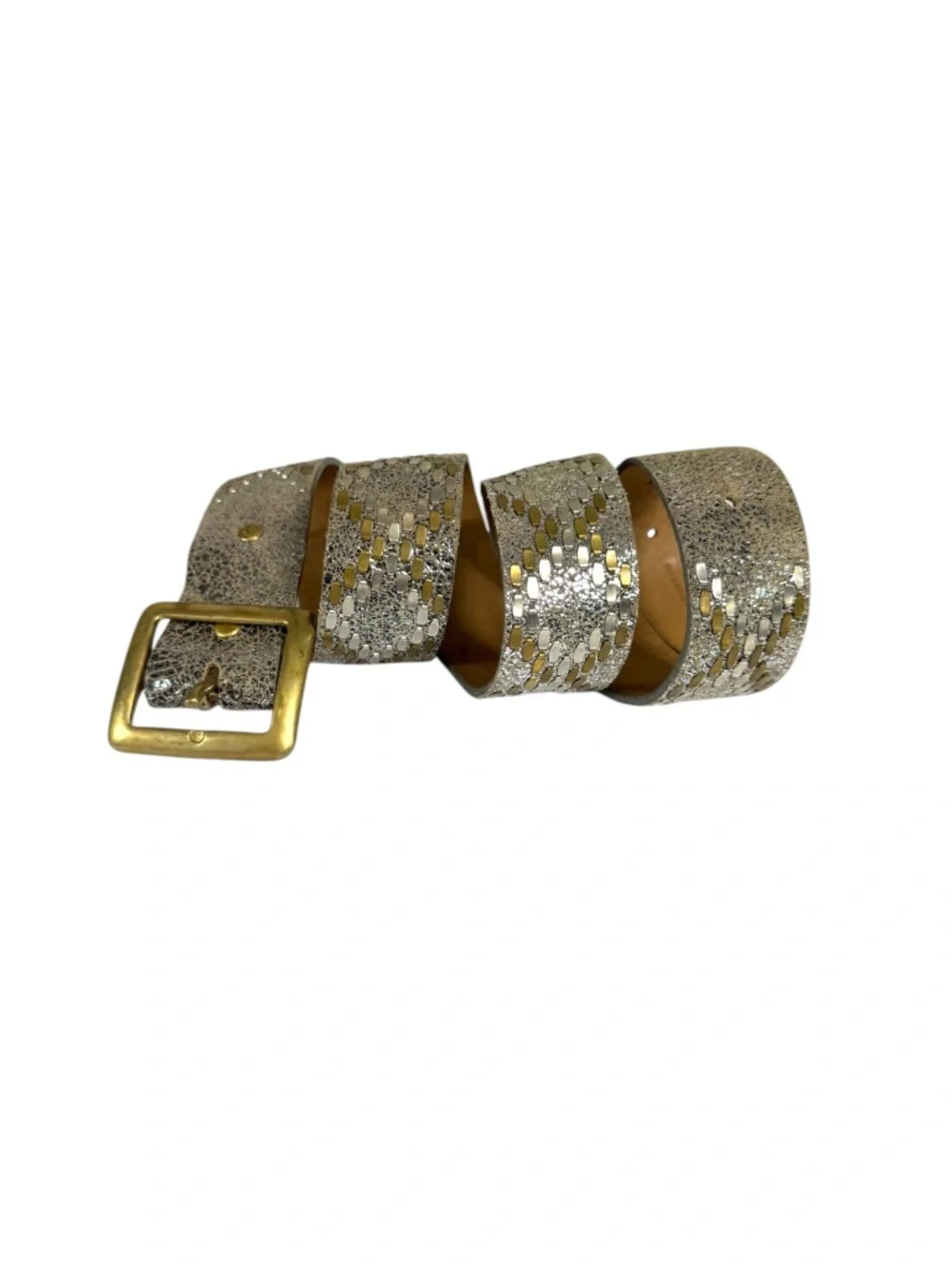 CALLEEN CORDERO Studded Crackled Leather Belt in Metallic Silver Size 34
